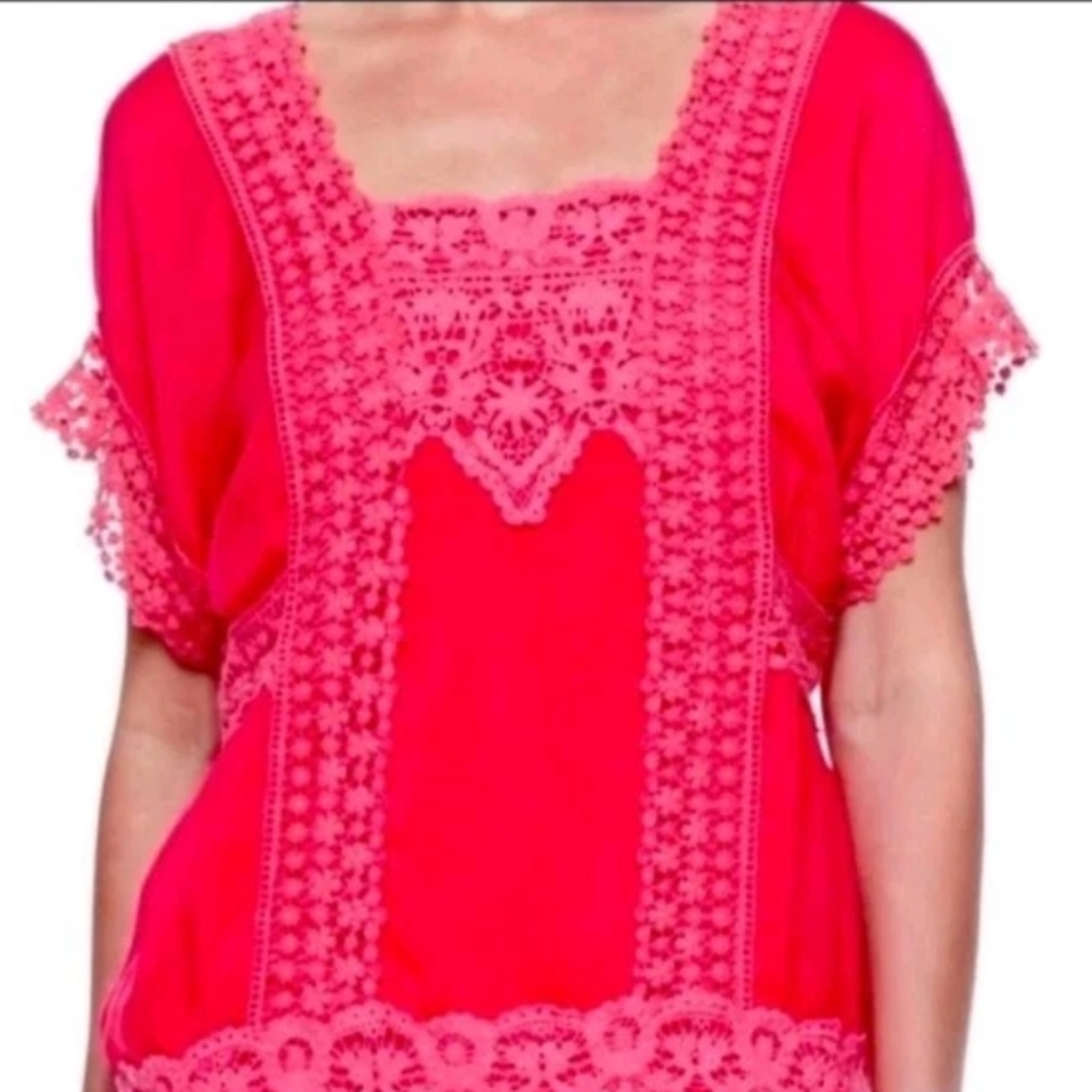 Johnny Was Boho Crochet Lace Georgette Top Woman XXL Crinkle Barbie Pink Coastal - Picture 14 of 15